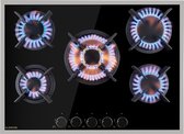 Klarstein Goldflame 5 Prime Gaskookplaat - 5-pits - 70 cm - Inbouw - Messing branders - Aardgas/Propaangas - Veiligheidsventiel -Gietijzeren pannendrager - Incl. slang en drukregelaar - Zwart