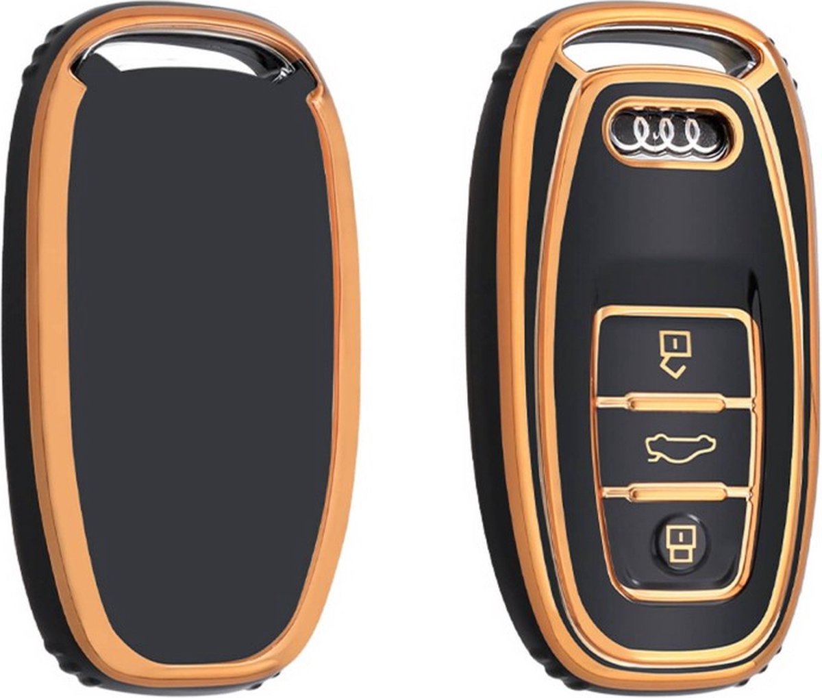 Autosleutel hoesje - TPU Sleutelhoesje - Sleutelcover - Autosleutelhoes - Geschikt voor Audi - zwart-goud - A3 - Auto Sleutel Accessoires gadgets - Kado Cadeau man - vrouw