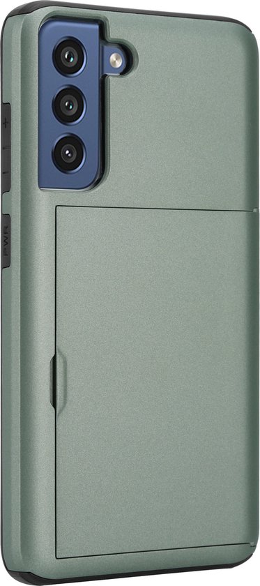 Groene ShieldCase telefoonhoes met schuifvak, gefotografeerd vanaf de achterkant en zijkant.