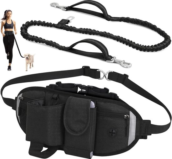 Leisegrün Joggingriem voor middelgrote honden | Handsfree riem voor joggen met buikriem | Lengte 125 cm tot 175 cm | Kleur: zwart