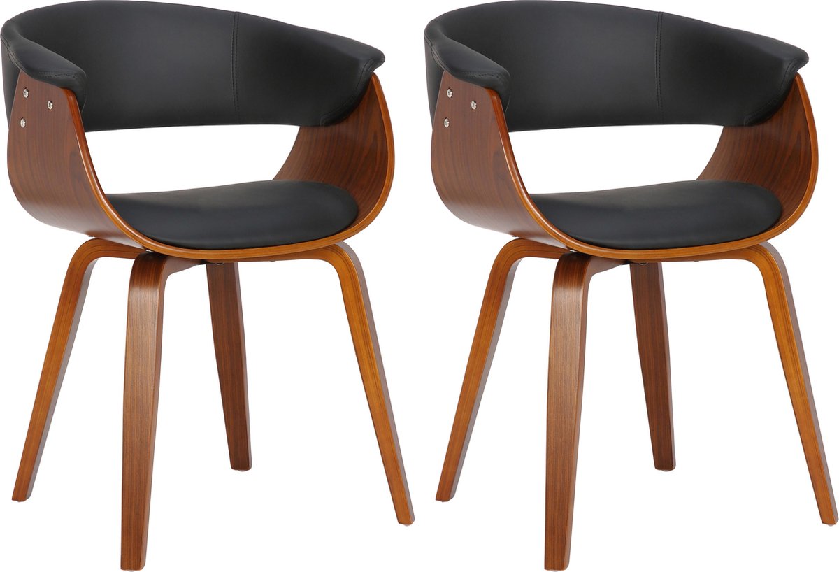CLP Bruce Set van 2 Eetkamerstoelen - Met armleuning - Kunstleer - zwart