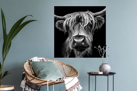 Stickers muraux - Film autocollant - Highlander écossais - Cornes - Zwart - Wit - Vache - Gibier - Animaux - 50x50 cm - Film adhésif - Stickers muraux Chambre d'enfant - Papier peint autocollant - Papier peint autocollant - Film autocollant