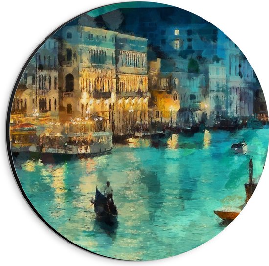 Dibond Muurcirkel - Schilderij van Gondel over de Wateren van Venetië - 20x20 cm Foto op Aluminium Muurcirkel (met ophangsysteem)