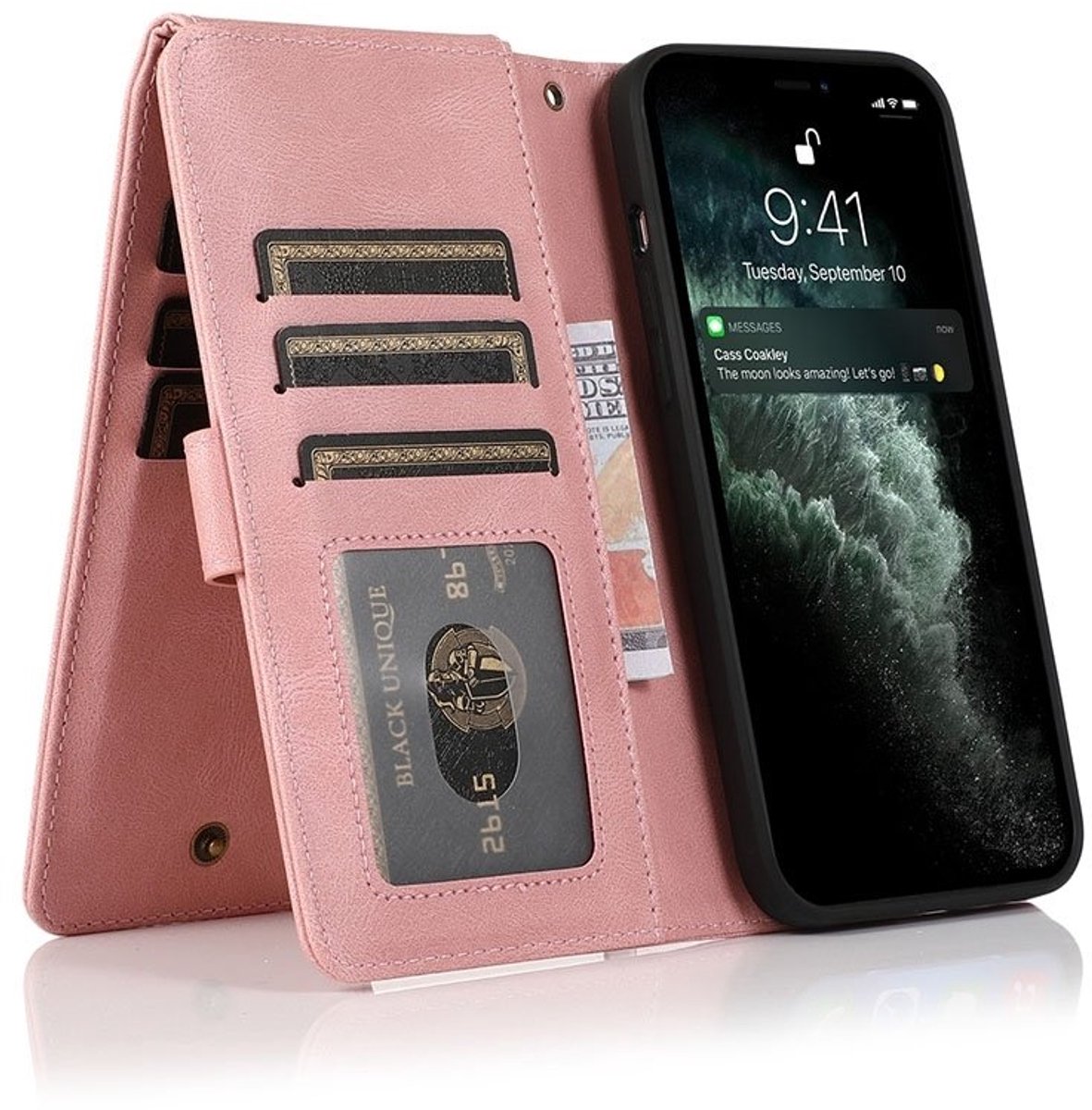 Zacht Leren geschikt voor iPhone 15 Pro Max Wallet Hoesje - roze