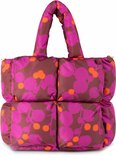 Bruine puffy handtas met vierkante vakken en een paarse/oranje bloemenprint. Verstelbare schouderband.