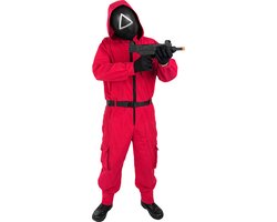 Funidelia | Squid Game kostuum en masker met driehoek Officieel Netflix voor vrouwen en mannen, Il gioco del calamaro - Kostuum voor Volwassenen Accessoire verkleedkleding en rekwisieten voor Halloween, carnaval & feesten - Maat L - XL - Rood