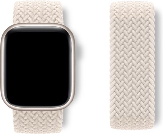 Zilverkleurig Apple Watch met een lichtbruin gevlochten bandje.