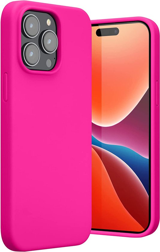 Coque de téléphone rose néon avec un iPhone 15 Pro affichant un fond d'écran orange et bleu.