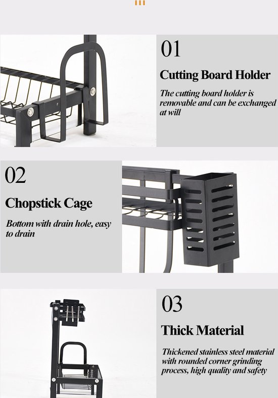 Detailfoto's van een zwart kruidenrek: snijplankhouder, etui voor eetstokjes en dik materiaal.