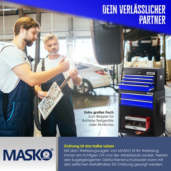 Twee mannen in werkplaats kijken naar een schema naast een zwarte gereedschapswagen met blauwe laden en een koffer.