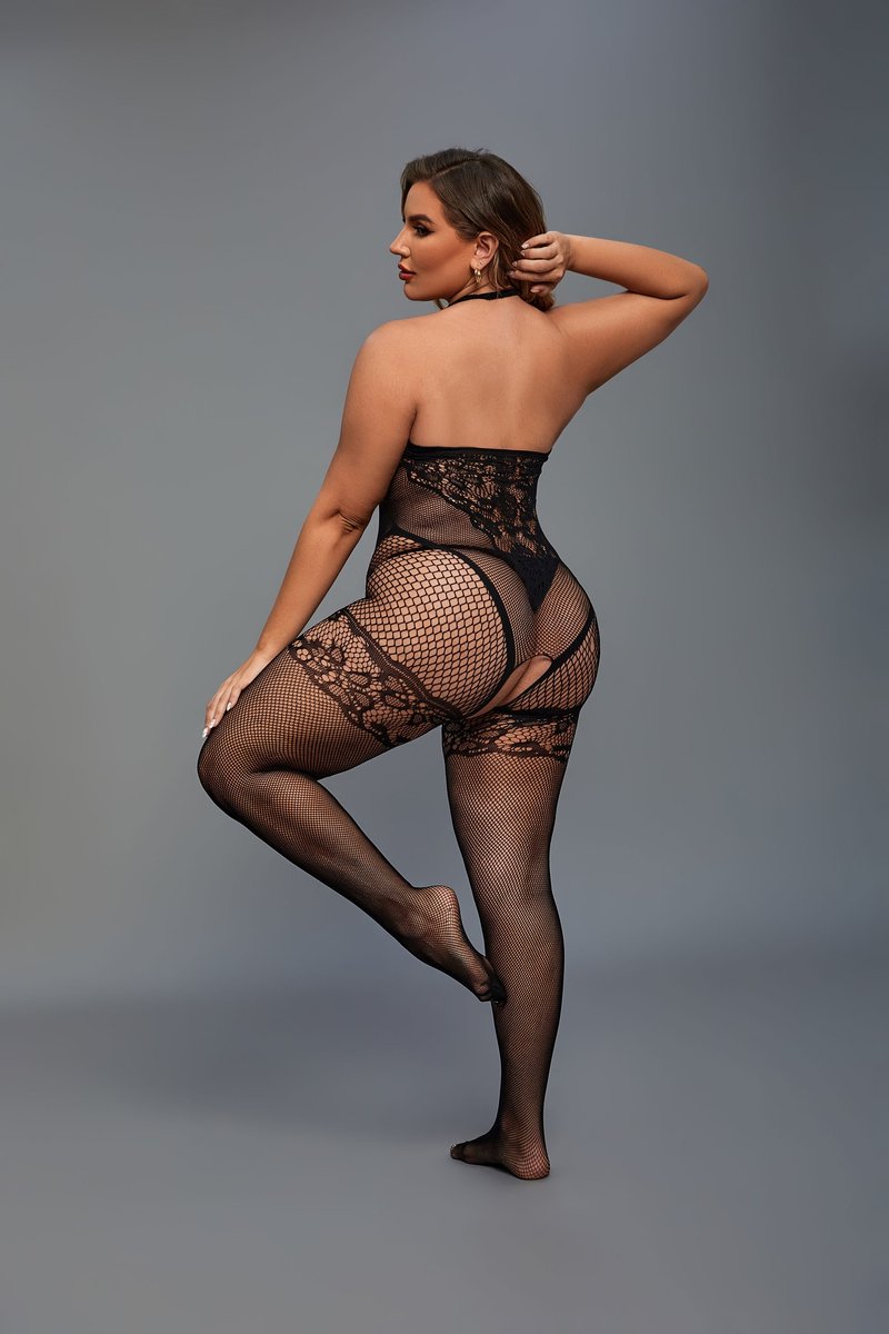 Christine le Duc - Catsuit Curvy met Bloemenprint van Kant - Lingerie Erotisch - Zwart