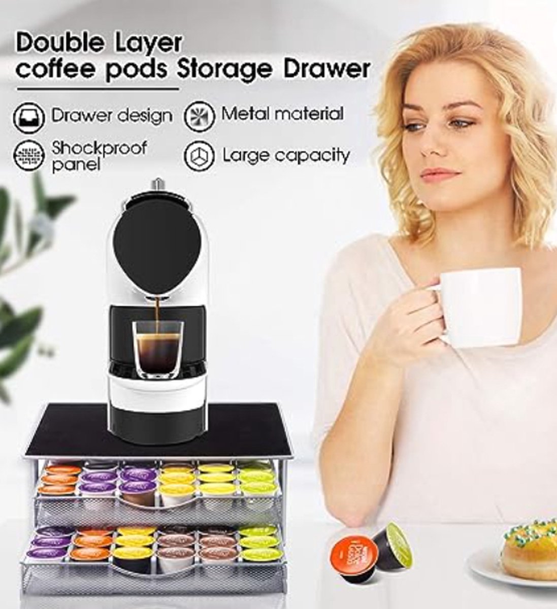 KitchenBrothers Koffiecups Houder - Capsulehouder - Geschikt Voor Dolce Gusto 72 Cups Cuphouder Met 2 Lades Zwart