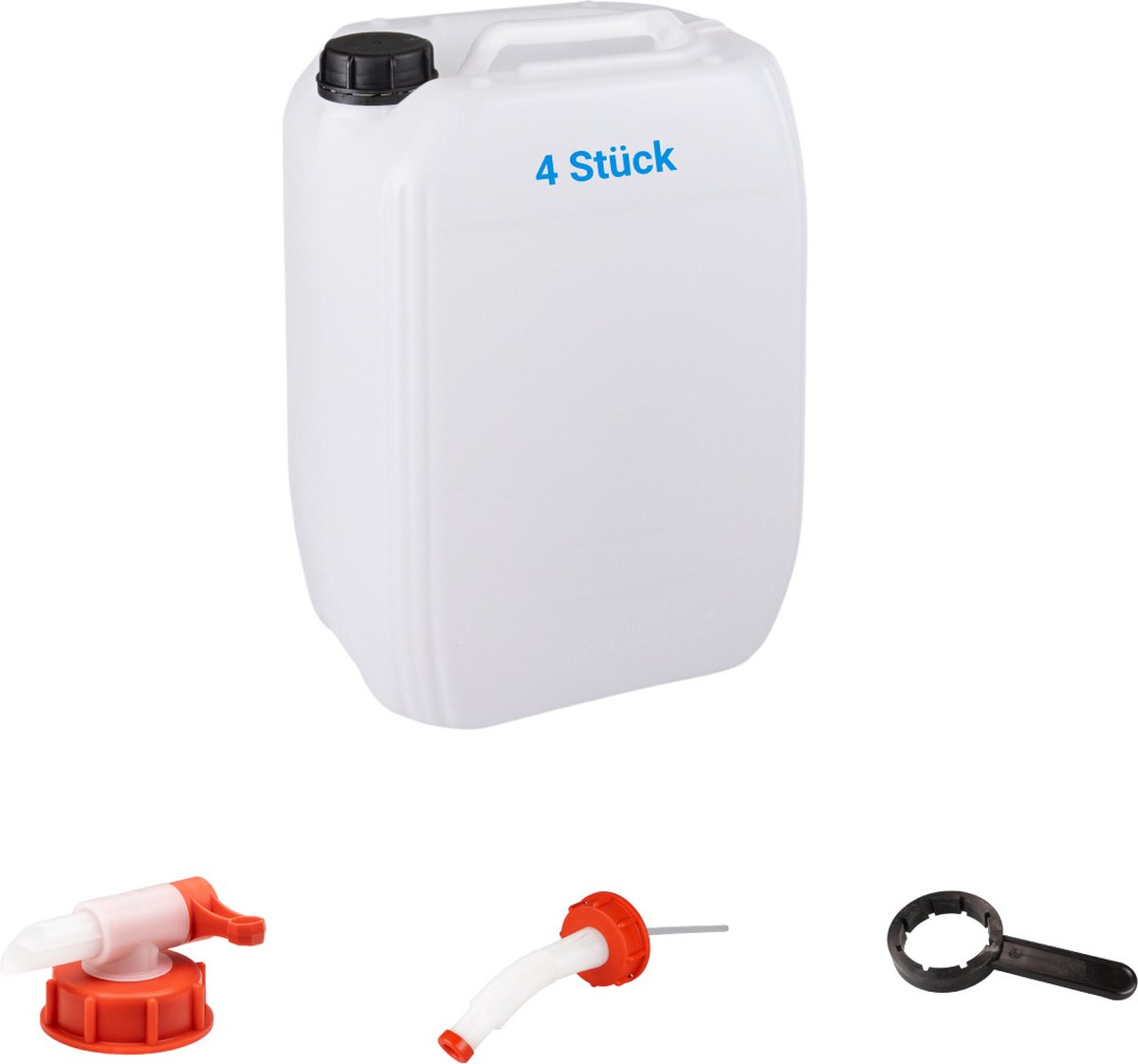 4x 20L UN jerrycan voor water of brandstof + kraan + schenktuit + sleutel