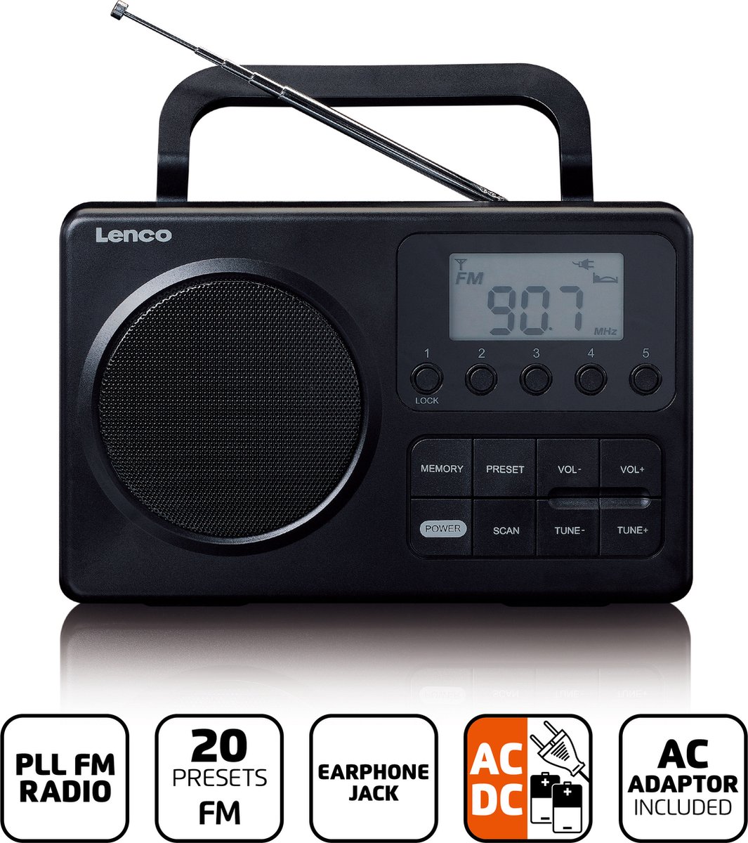 Lenco MPR-035BK Draagbare Radio op Batterijen en Netstroom thumbnail 4