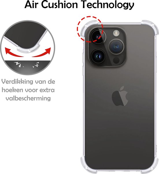 Transparante siliconen hoes voor iPhone 15 Pro, met 'Air Cushion Technology' en verdikking van de hoeken voor extra valbescherming.