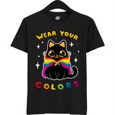 Schattige Pride Vlag Kat - Unisex T-Shirt Mannen en Vrouwen - LGBTQ+ Suporter Kleding - Gay Progress Pride Shirt - Rainbow Community - T-Shirt - Unisex - Zwart - Maat S