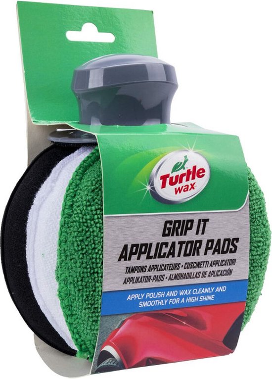 Turtle Wax Grip It Applicator Pads verpakking met groene, witte en zwarte pads.