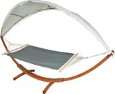 Cosmo Casa Luxe Hangmat - Stijlvol Comfort voor Balkon - Terras en Serre - Houten Frame - 200x140 cm Liggedeelte - Inclusief Beschermend Zonnedak - Bruin/Grijs
