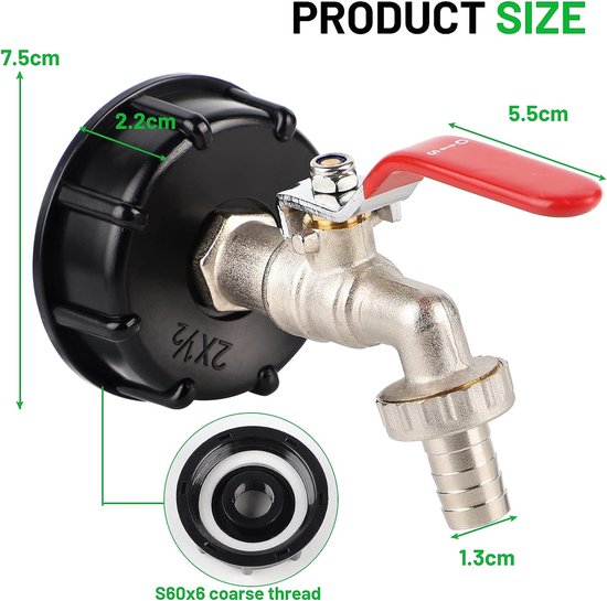 IBC Aftapkraan Met Verlengstuk – S60x6 Grove Schroefdraad – Met Adapter, Slangkoppeling En Afdichttape – Voor 1000L IBC-containers