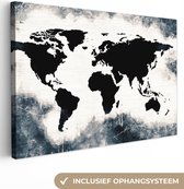 Canvas Wereldkaart - 90x60 - Wanddecoratie Wereldkaart - Hout - Zwart