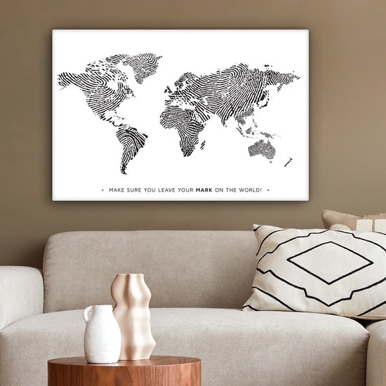 Wereldkaart en toile - Citation - Empreinte digitale - 180x120 cm - Décoration murale