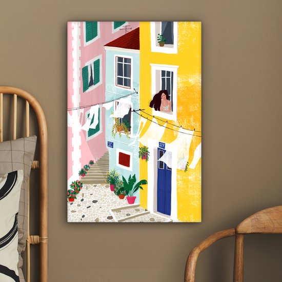 Tableau toile Rue - Wax - Jaune - Femme - 60x90 cm - Décoration murale