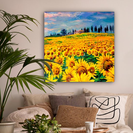 Peinture sur toile - Tournesol - Fleurs - Peinture à l'huile - Nature - Peintures sur toile - 90x90 cm - Toile nature - Décoration murale