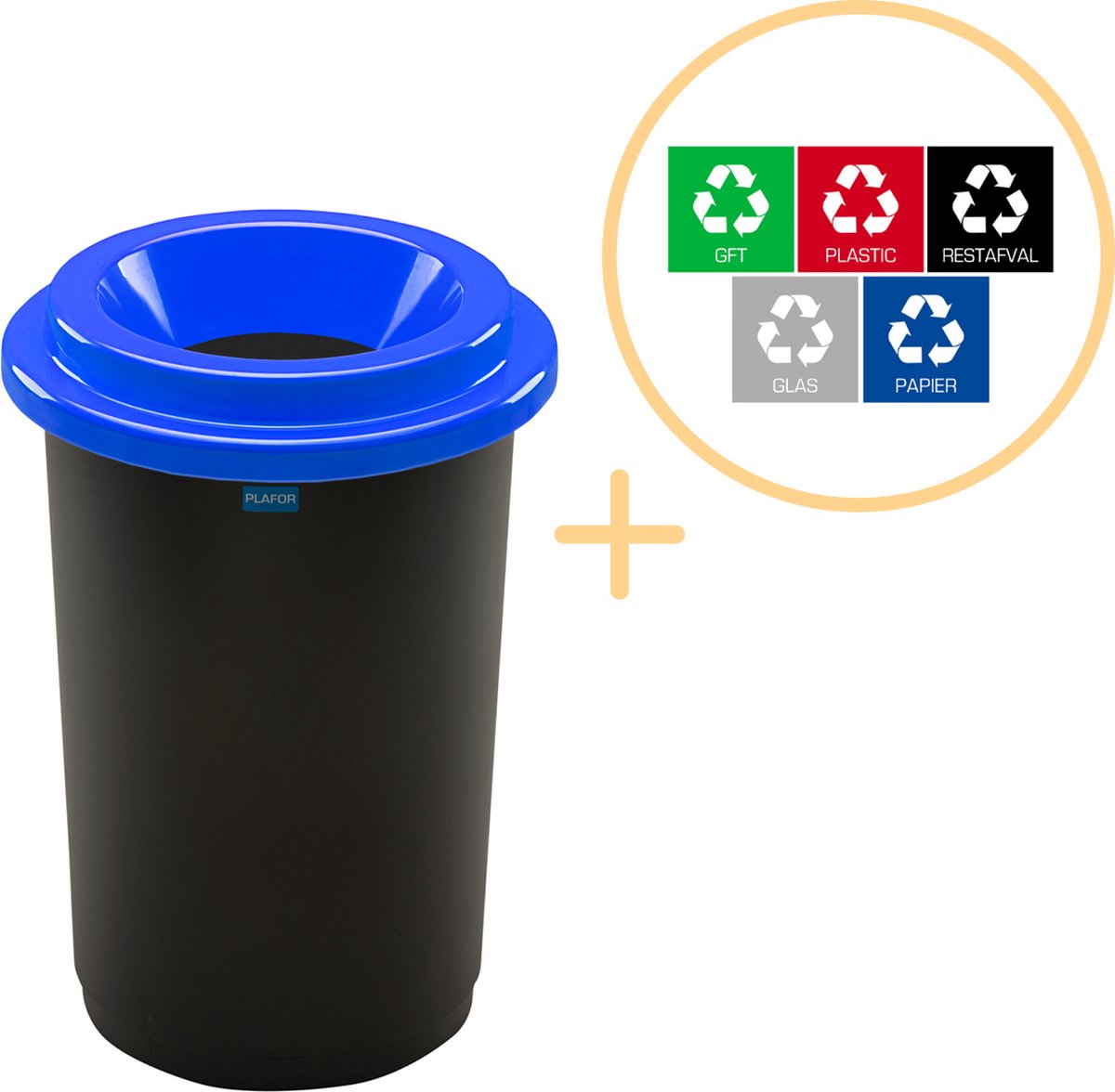 Goedkoopste Plafor Eco Bin Ronde Prullenbak voor afvalscheiding - 50L – Zwart/Blauw- Inclusief 5-delige Stickerset - Afvalbak voor gemakkelijk Afval Scheiden en Recycling - Afvalemmer - Vuilnisbak voor Huishouden, Keuken en Kantoor - Afvalbakken - Recyclen