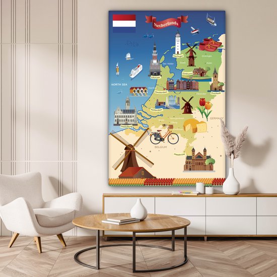 Carte des Nederland avec des vues 120x180 cm - Tirage photo sur Toile (Décoration murale salon / chambre) XXL / Groot format!