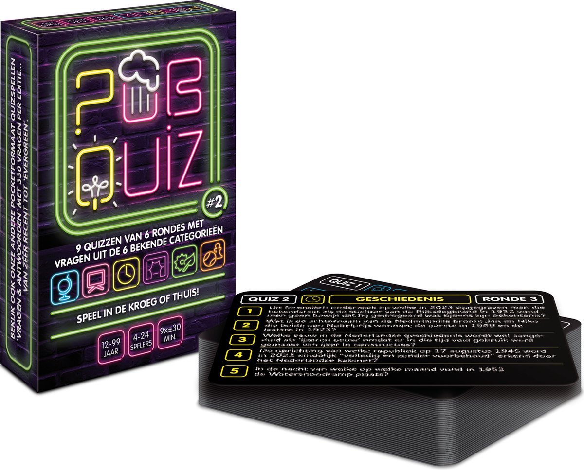 Pubquiz - editie #2; 9x pubquiz van 6 rondes - Kaartspel - Pocketformaat Quizspel / Partyspel met Trivia voor thuis, in de kroeg of onderweg - 4-24 spelers / groepen - totaal 198 vragen over Nederland!