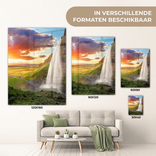 Peinture sur verre - Photo sur verre - Cascade - Rocher - Coucher de soleil - Verre acrylique - Peinture sur Verres - Décoration murale - Feuille acrylique - 60x80 cm - Décoration murale