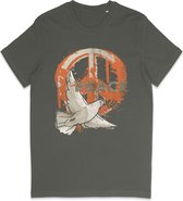 Heren en Dames T Shirt - Vredesduif Print Peace - Khaki Groen - Maat L
