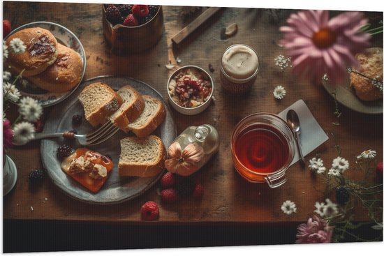 Vlag - Eten - Drinken - Thee - Brood - Fruit - Bloemen - Bestek - 120x80 cm Foto op Polyester Vlag