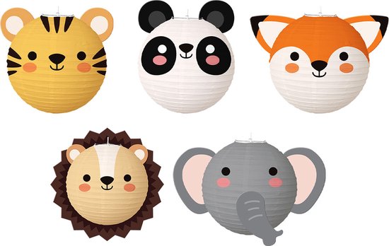 Vijf lampionnen in de vorm van dierenkoppen: tijger, panda, vos, leeuw en olifant.