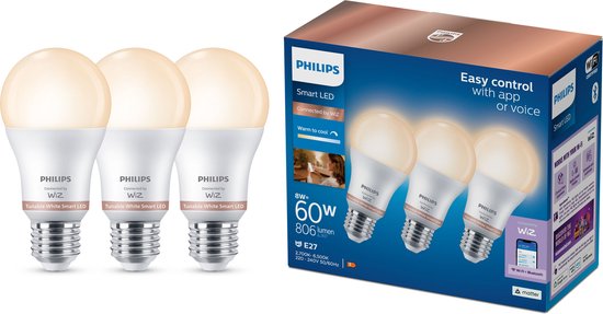 Philips Lamp 60W A60 E27 x3, Intelligente verlichting, Wit, E27, Warm wit, 2700 K, 2700 K