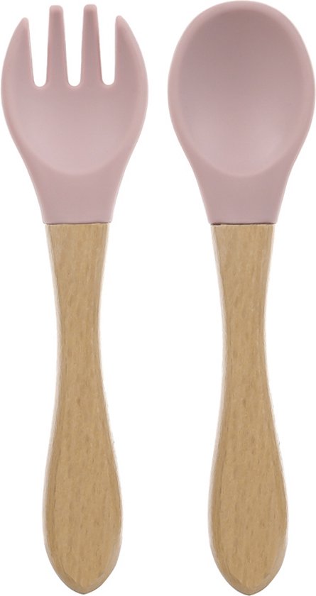 Dutsi - Couverts de dressage de Luxe Bébé en bois et Siliconen - Rose tendre