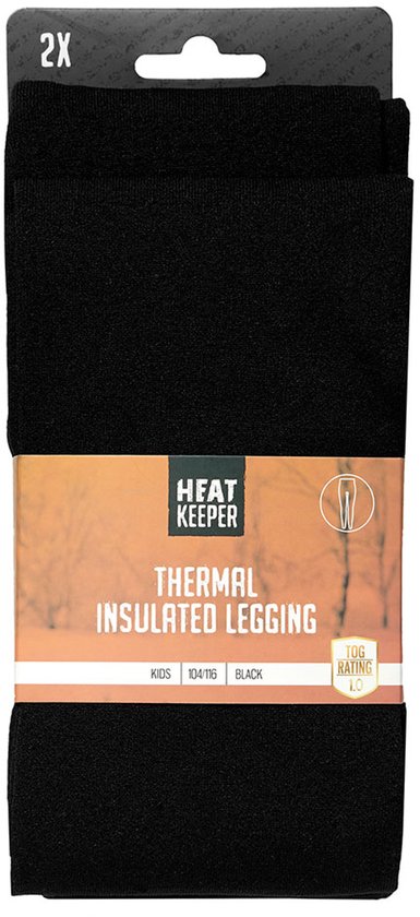 Verpakking van 2 zwarte Heat Keeper thermische kinderleggings, maat 104/116.