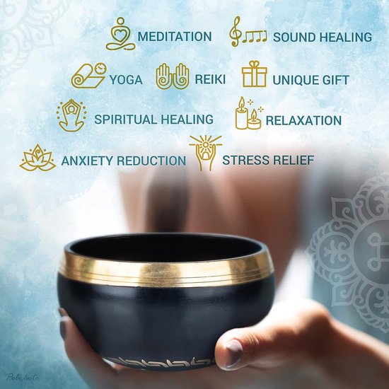 Tibetaanse klankschaal, mooie designs, met klopper en kussen, ideaal voor meditatie, ontspanning, stress en angstreductie, yoga, zen, perfect cadeau, zwart — afbeelding 2
