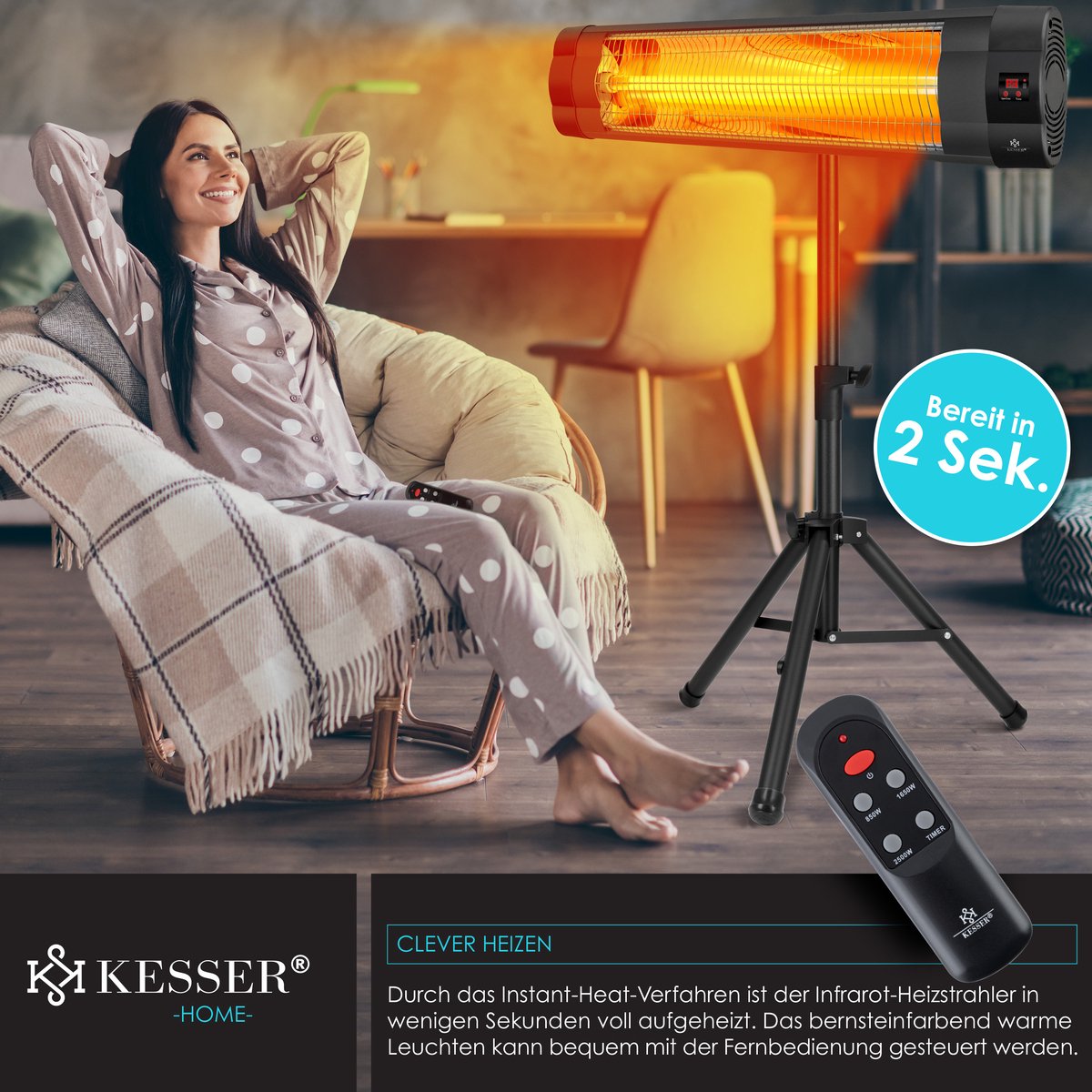KESSER Terrasverwarmer Elektrisch 2500 W Staand - Infrarood Heater voor Buiten, In Hoogte Verstelbaar, met Afstandsbediening en Beschermhoes - Zwart – foto 2