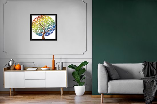 Photo en cadre - Une illustration d'un arbre brun aux feuilles colorées Cadre photo noir 60x80 cm - Affiche sous cadre (Décoration murale salon / chambre)