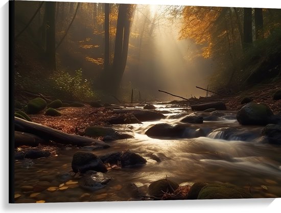 Canvas - Bossen - Water - Stenen - Takken - Bladeren - Boomstronk - Bomen - 100x75 cm Foto op Canvas Schilderij (Wanddecoratie op Canvas)