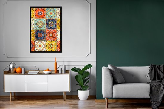 Fotolijst incl. Poster - Vintage - Bloemen - Patroon - Wit - Oranje - 80x120 cm - Posterlijst