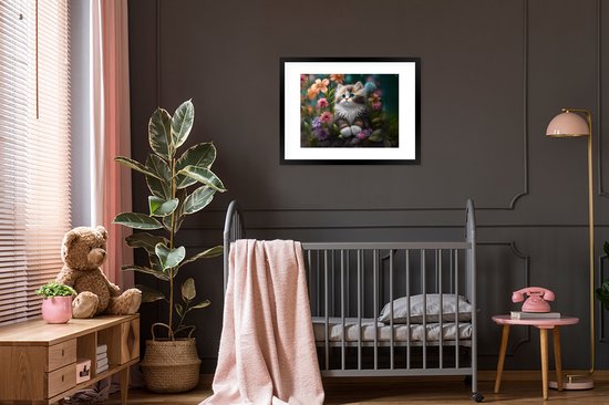 Cadre photo avec affiche - Chaton - Illustration - Fleurs - Nature - Chat - 80x60 cm - Cadre pour affiche