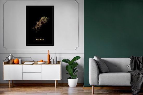 Cadre photo avec affiche - Dubaï - Plan de la ville - Zwart - Or - 80x120 cm - Cadre pour affiche