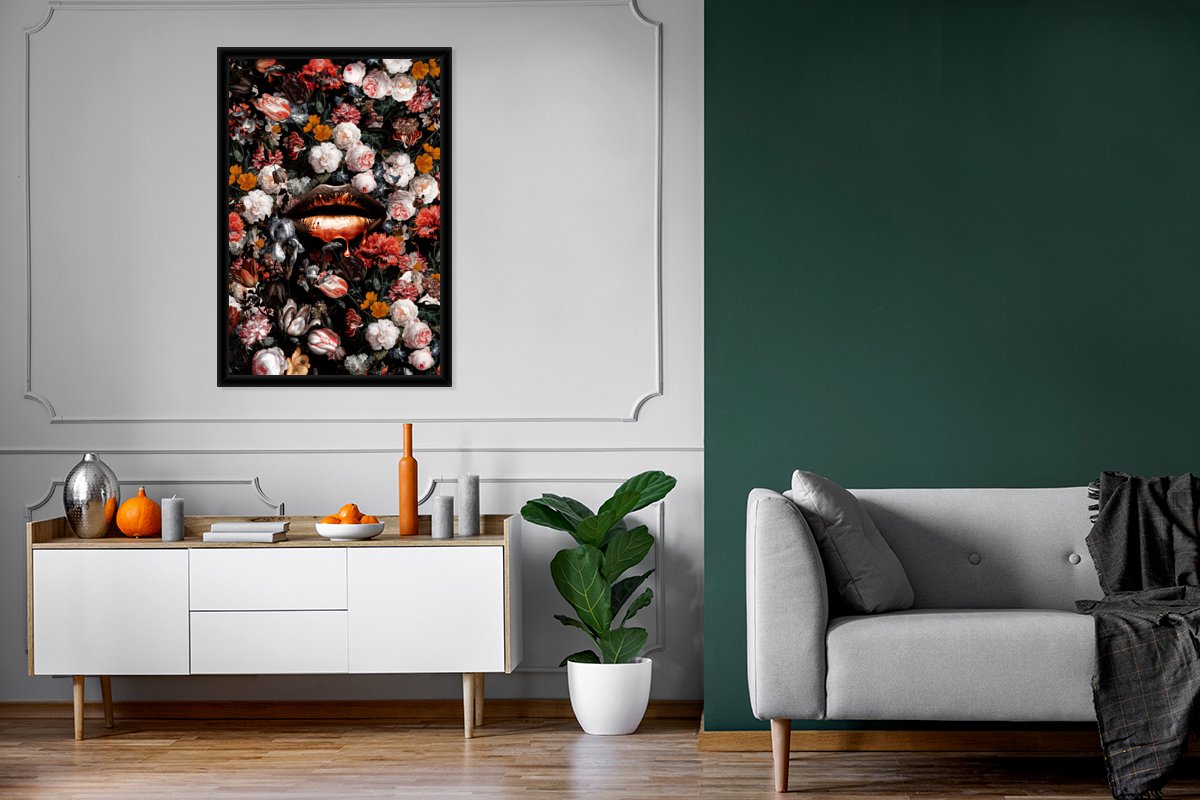 Fotolijst incl. Poster - Lippen - Bloemen - Verf - Oranje - Kunst - Abstract - Oude meeste