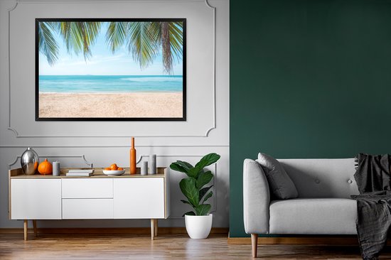 Photo encadrée - Feuilles de palmier suspendues au dessus du cadre photo plage noir sans passe partout 120x80 cm - Affiche encadrée (Décoration murale salon / chambre) / Mer et plage