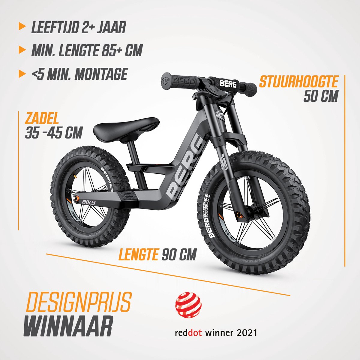 BERG Biky Cross Black Loopfiets - 12 inch - Lichtgewicht Magnesium frame - Met Handrem - Verstelbaar Zadel - 2,5+ Jaar - Zwart — afbeelding 2