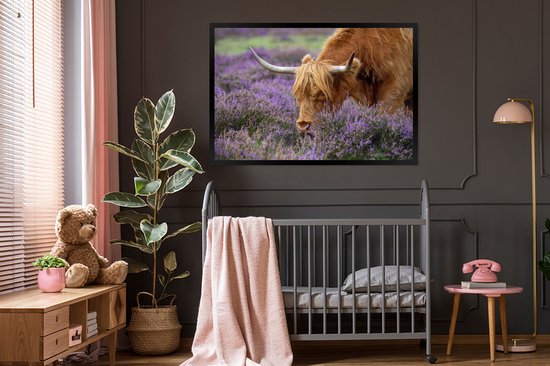 Fotolijst incl. Poster - Schotse Hooglander - Lavendel - Horens - 120x80 cm - Posterlijst