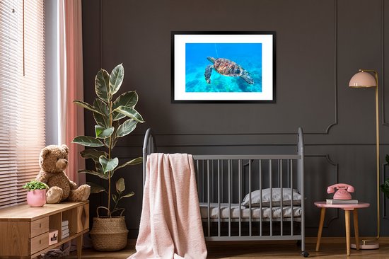 Affiche avec cadre Tortue - Mer - Blauw - 90x60 cm