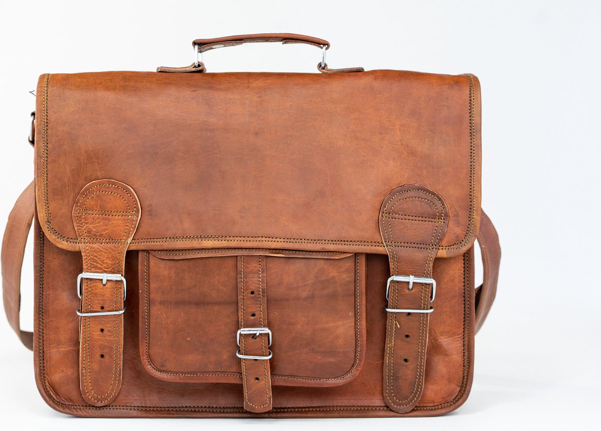 Messengertas “Granada” – Aktetas Satchel Bruin Echte Leder - Laptoptas 16’’ Businesstas (MODEL082)